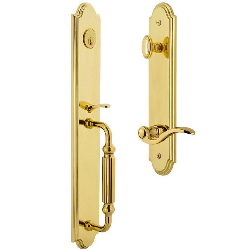 Grandeur Arc One-Piece Handleset with F Grip and Bellagio Left Handed Lever in Lifetime Brass