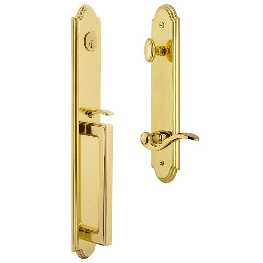 Grandeur Arc One-Piece Handleset with D Grip and Bellagio Left Handed Lever in Lifetime Brass