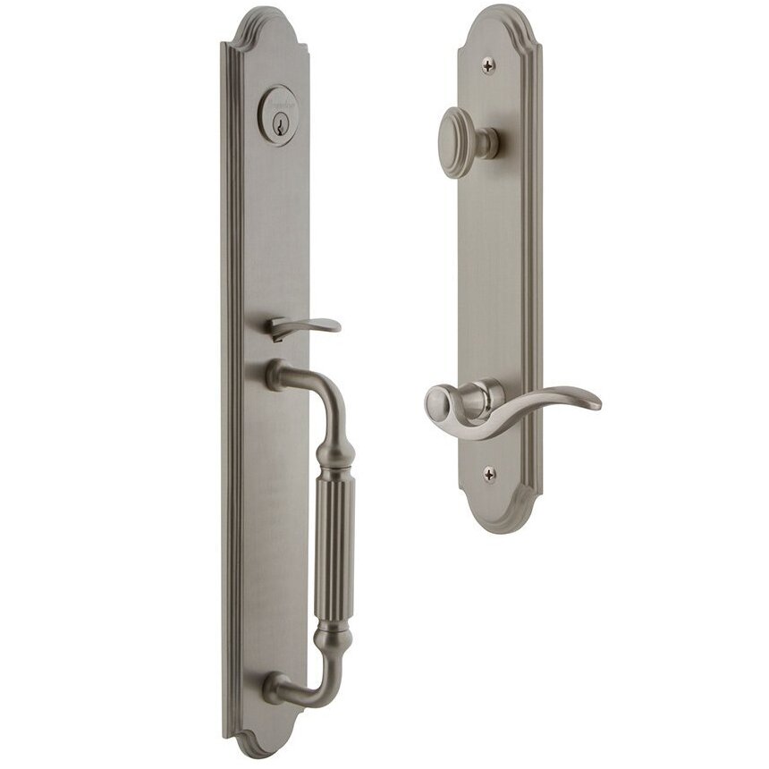Grandeur Arc One-Piece Handleset with F Grip and Bellagio Left Handed Lever in Satin Nickel