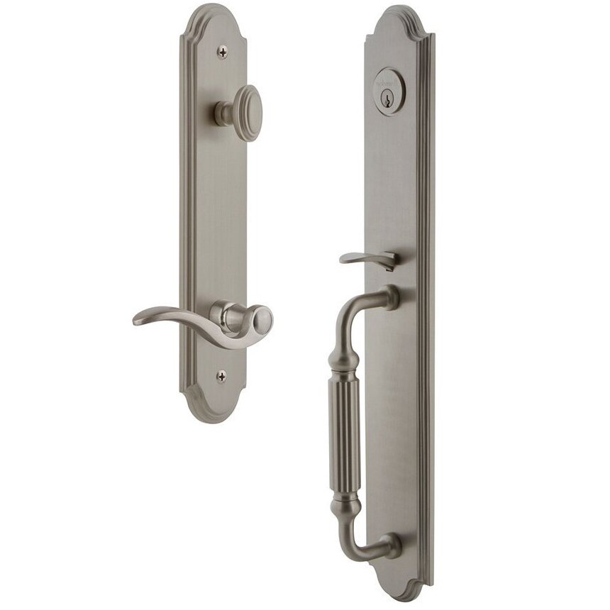 Grandeur Arc One-Piece Handleset with F Grip and Bellagio Right Handed Lever in Satin Nickel