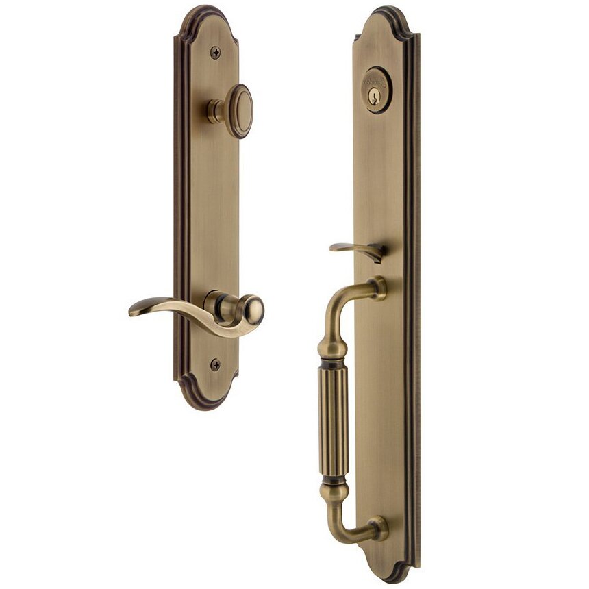 Grandeur Arc One-Piece Handleset with F Grip and Bellagio Right Handed Lever in Vintage Brass