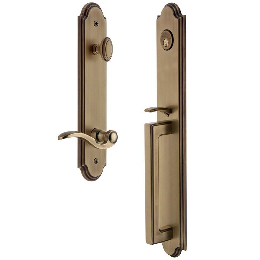 Grandeur Arc One-Piece Handleset with D Grip and Bellagio Right Handed Lever in Vintage Brass