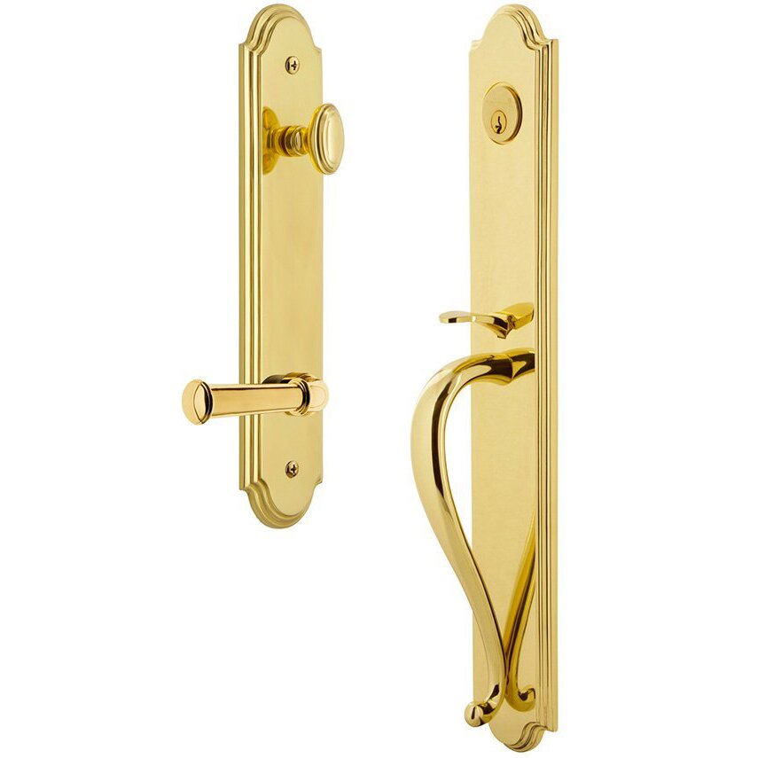 Grandeur Arc One-Piece Handleset with S Grip and Georgetown Right Handed Lever in Lifetime Brass