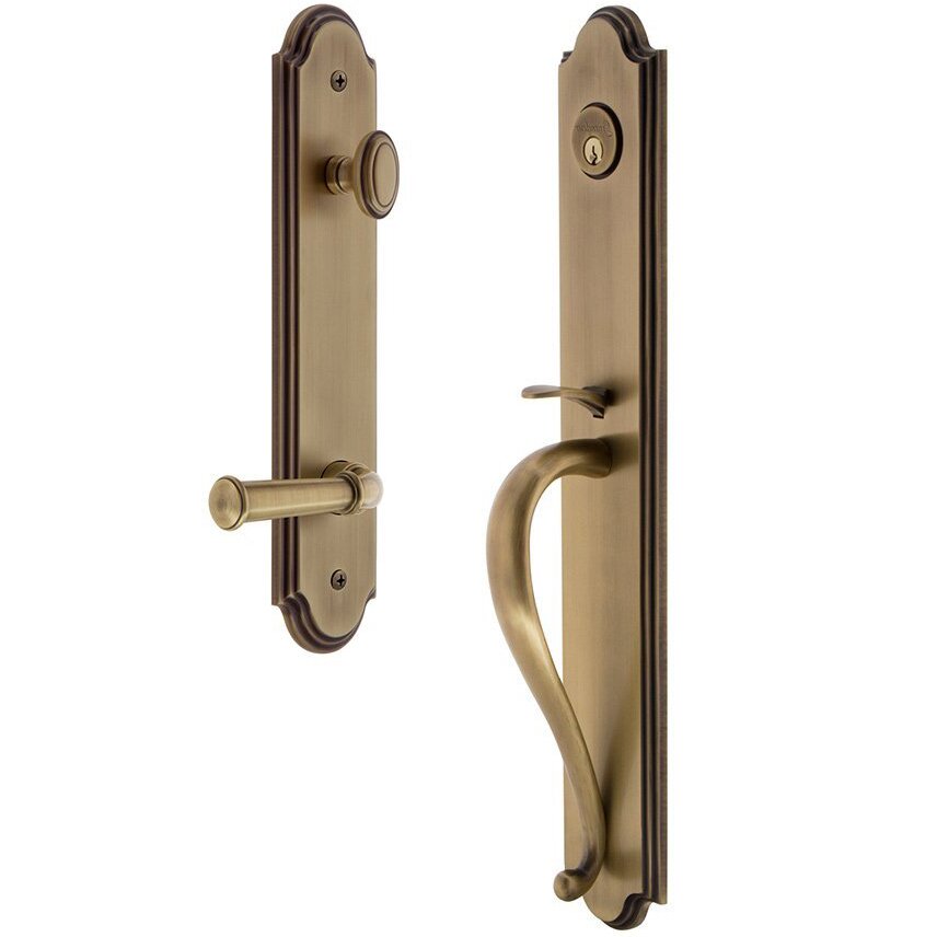 Grandeur Arc One-Piece Handleset with S Grip and Georgetown Right Handed Lever in Vintage Brass