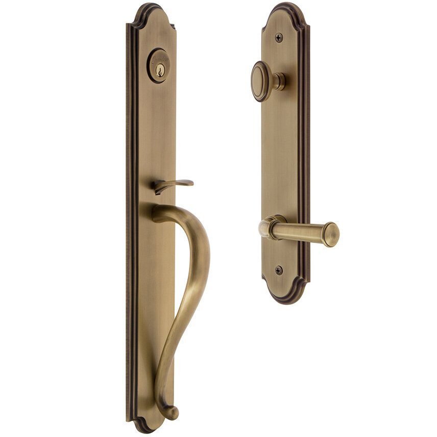 Grandeur Arc One-Piece Handleset with S Grip and Georgetown Left Handed Lever in Vintage Brass