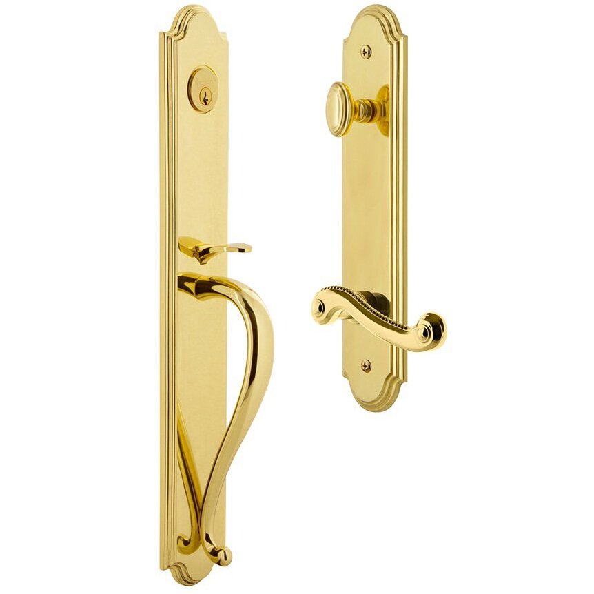 Grandeur Arc One-Piece Handleset with S Grip and Newport Left Handed Lever in Lifetime Brass