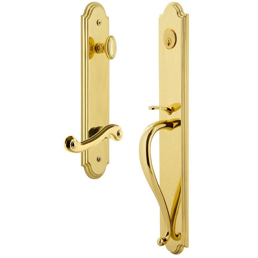 Grandeur Arc One-Piece Handleset with S Grip and Newport Right Handed Lever in Lifetime Brass