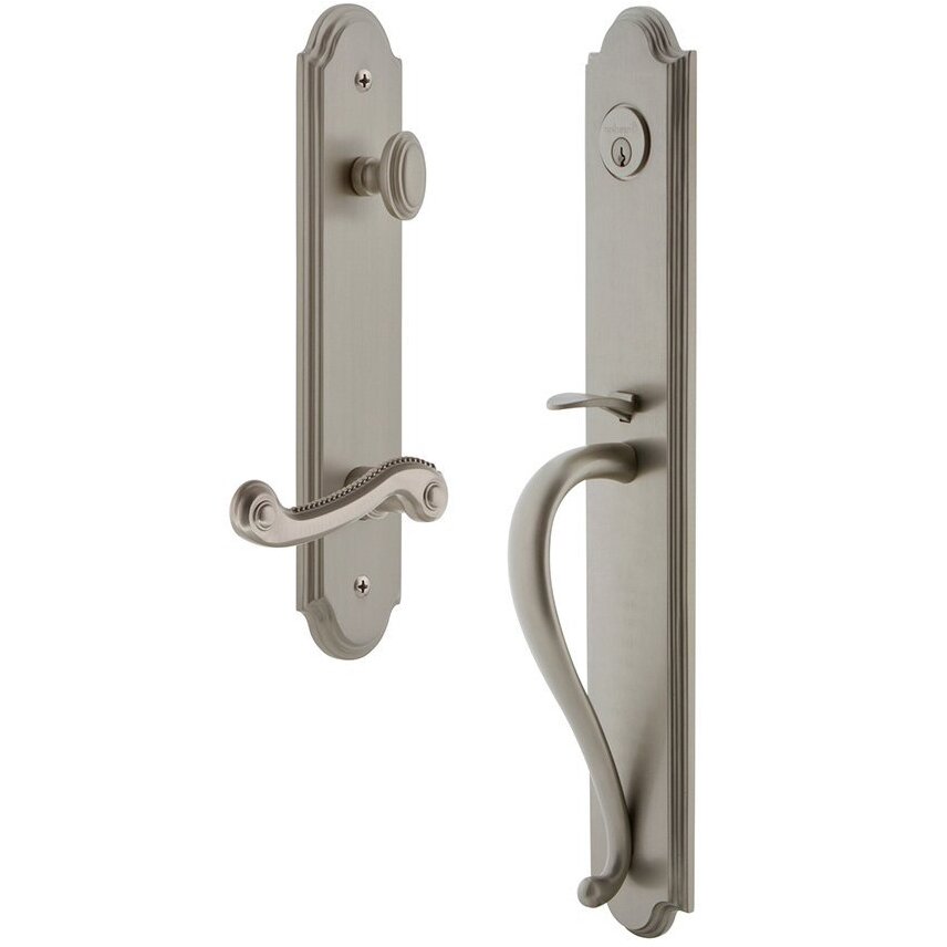 Grandeur Arc One-Piece Handleset with S Grip and Newport Right Handed Lever in Satin Nickel