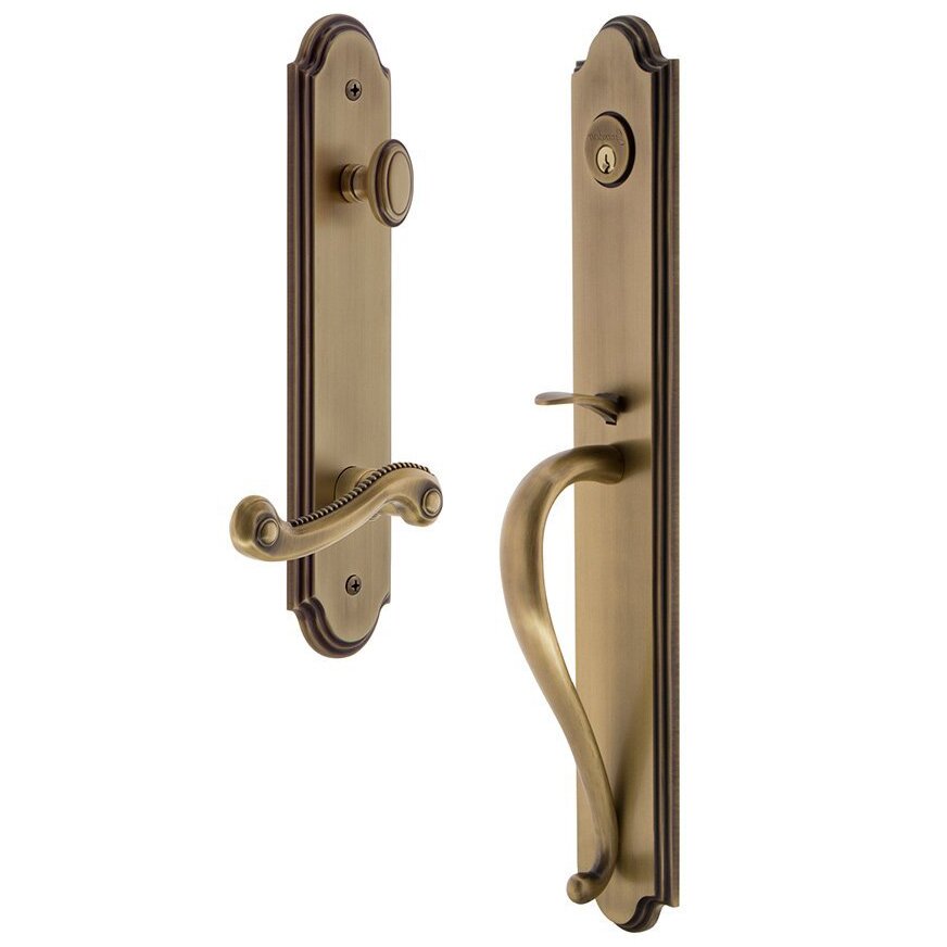 Grandeur Arc One-Piece Handleset with S Grip and Newport Right Handed Lever in Vintage Brass