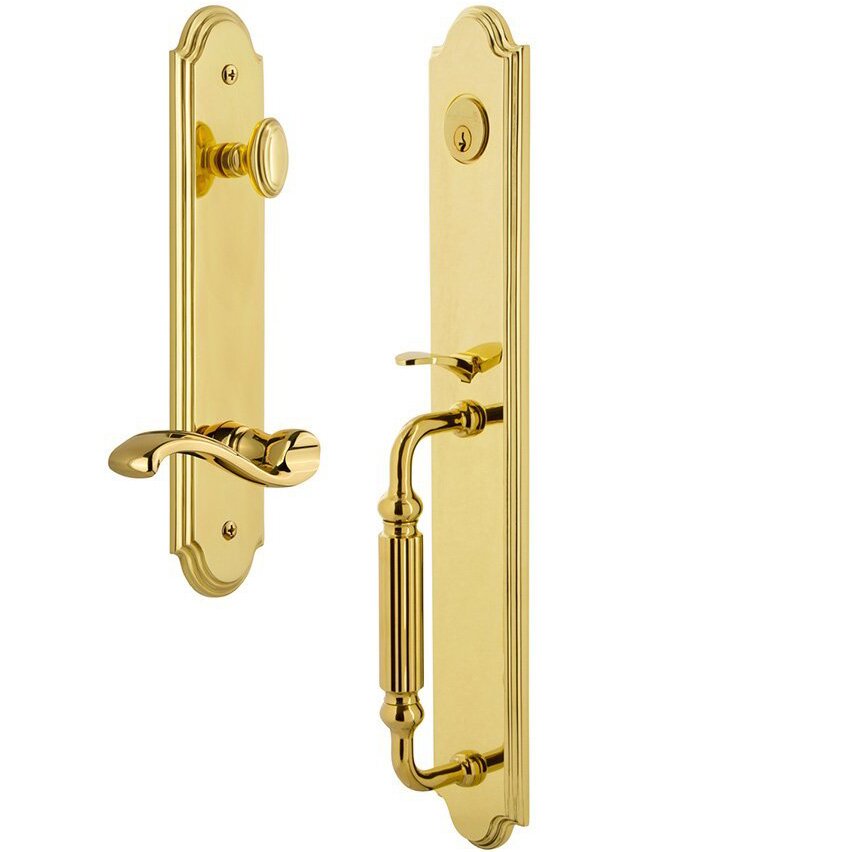 Grandeur Arc One-Piece Handleset with F Grip and Portofino Right Handed Lever in Lifetime Brass