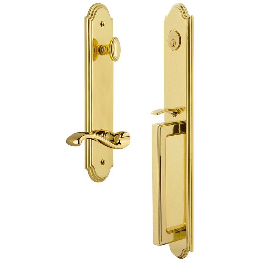 Grandeur Arc One-Piece Handleset with D Grip and Portofino Right Handed Lever in Lifetime Brass