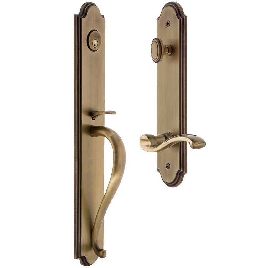 Grandeur Arc One-Piece Handleset with S Grip and Portofino Left Handed Lever in Vintage Brass