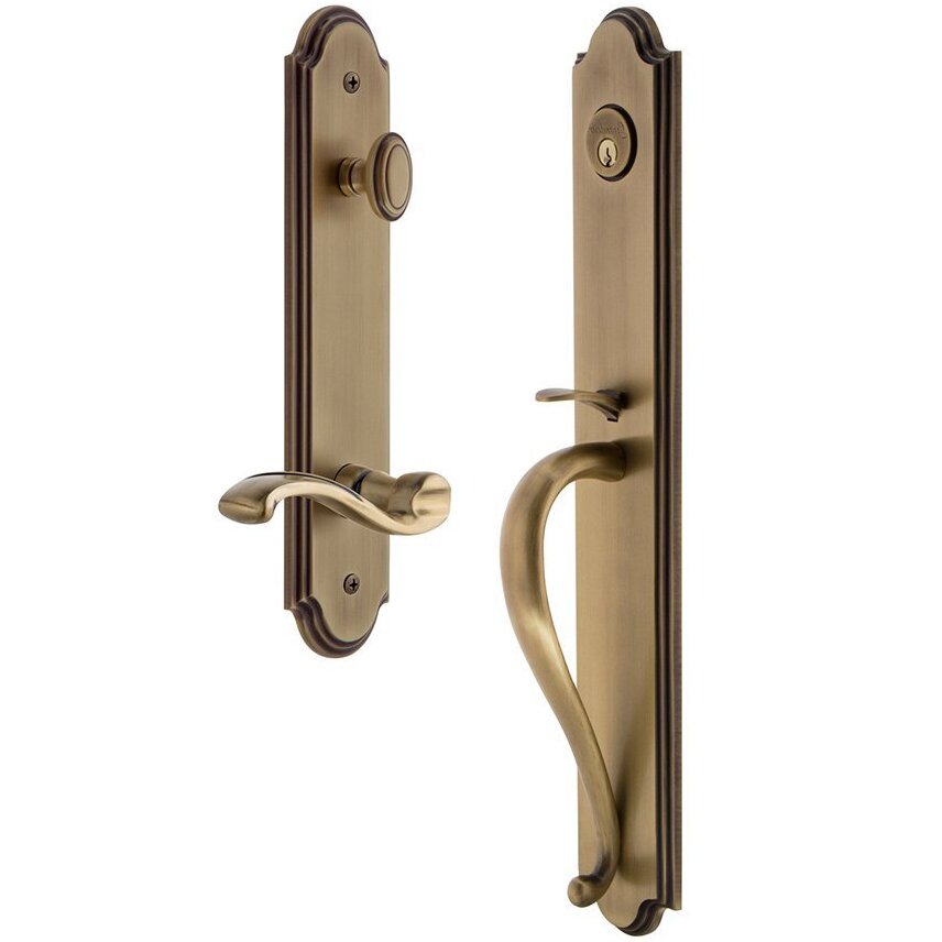 Grandeur Arc One-Piece Handleset with S Grip and Portofino Right Handed Lever in Vintage Brass