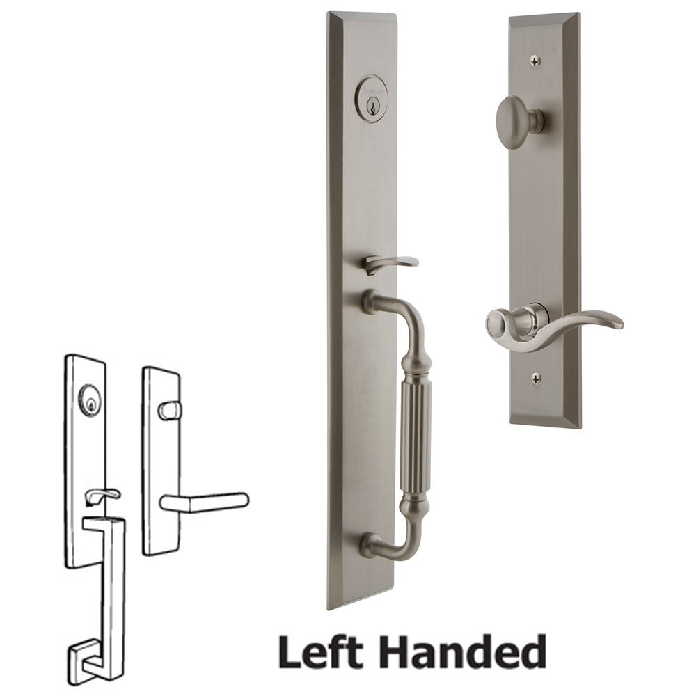 Grandeur One-Piece Handleset with F Grip and Bellagio Left Handed Lever in Satin Nickel
