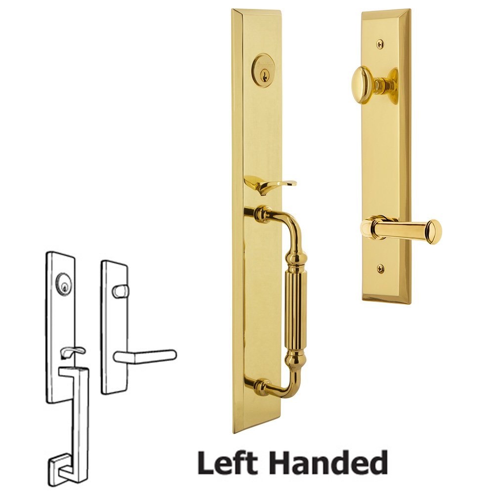 Grandeur One-Piece Handleset with F Grip and Georgetown Left Handed Lever in Lifetime Brass