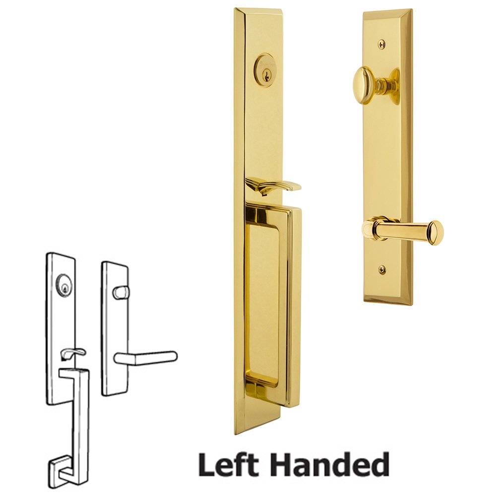 Grandeur One-Piece Handleset with D Grip and Georgetown Left Handed Lever in Lifetime Brass