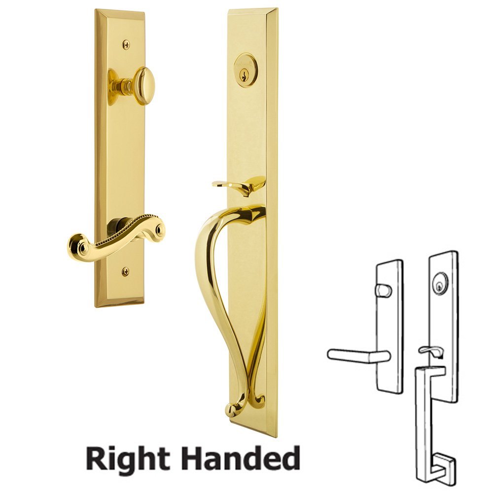 Grandeur One-Piece Handleset with S Grip and Newport Right Handed Lever in Lifetime Brass