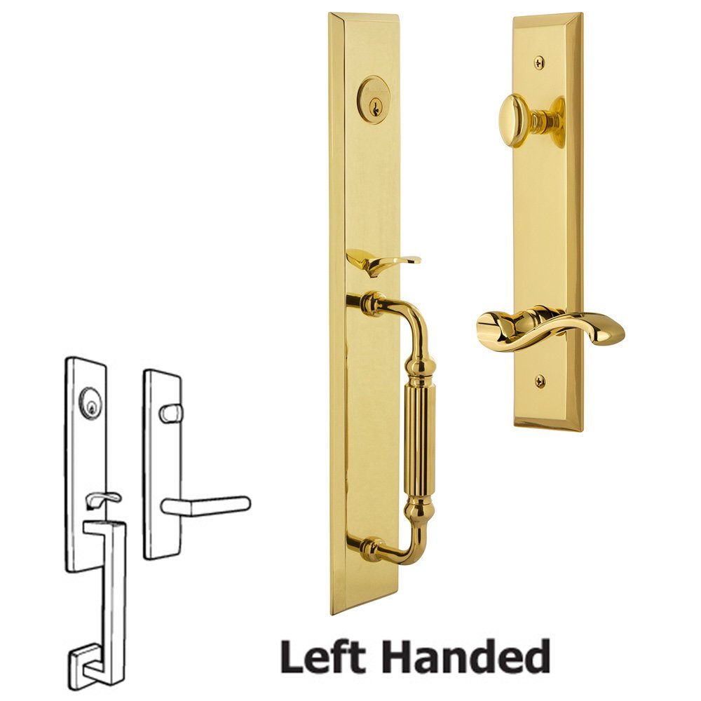 Grandeur One-Piece Handleset with F Grip and Portofino Left Handed Lever in Lifetime Brass
