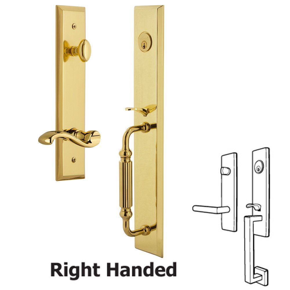 Grandeur One-Piece Handleset with F Grip and Portofino Right Handed Lever in Lifetime Brass