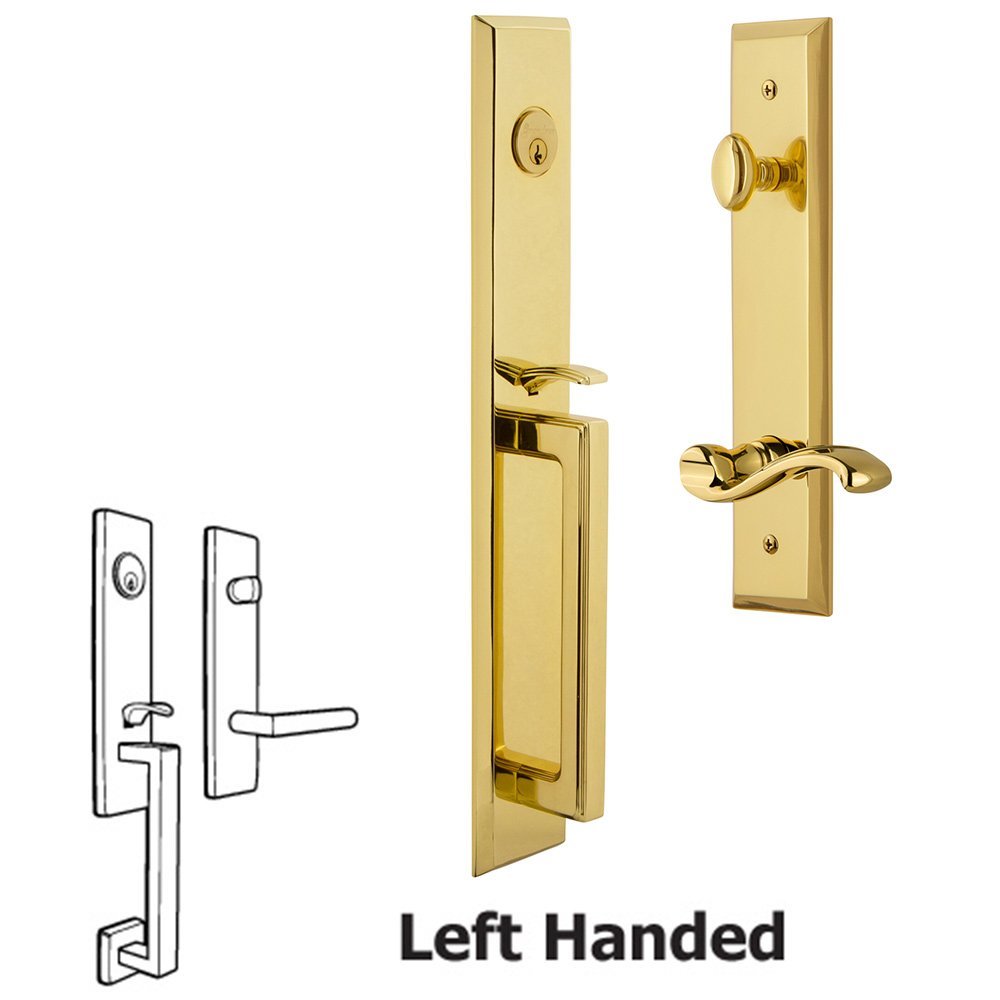 Grandeur One-Piece Handleset with D Grip and Portofino Left Handed Lever in Lifetime Brass