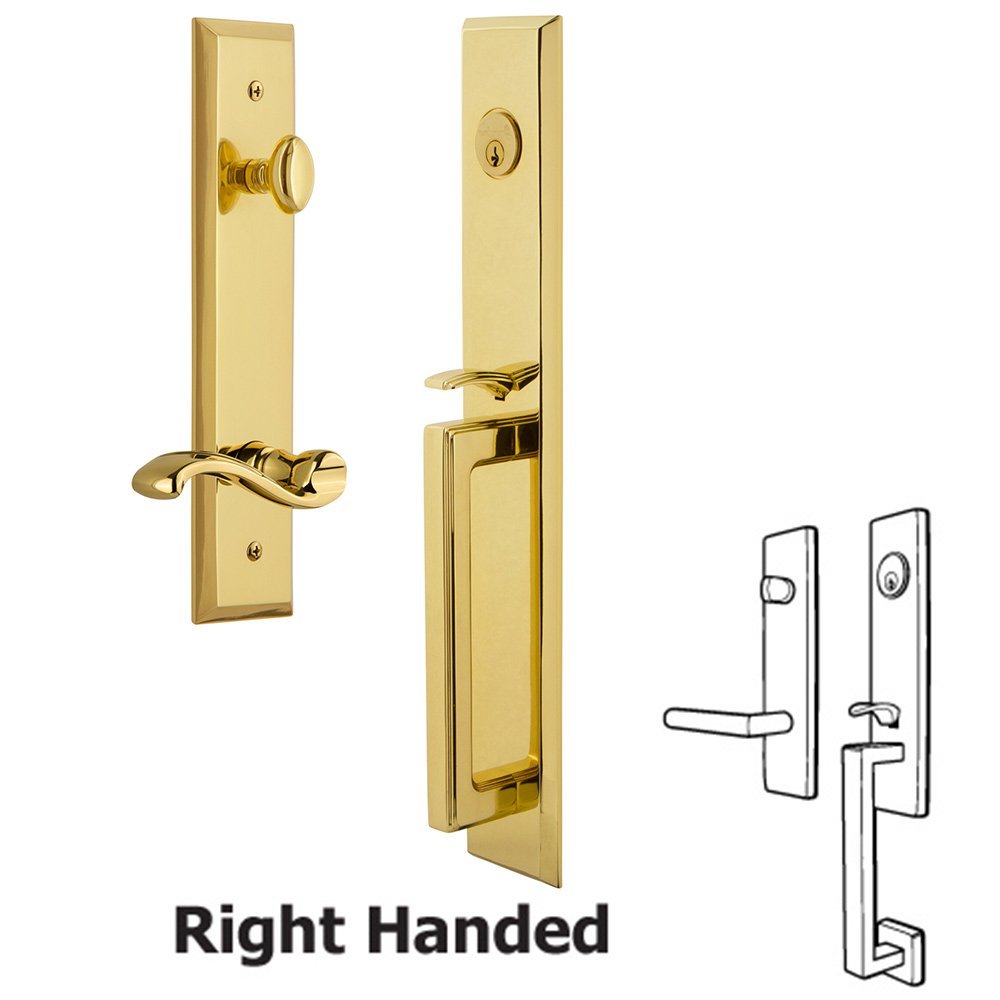 Grandeur One-Piece Handleset with D Grip and Portofino Right Handed Lever in Lifetime Brass
