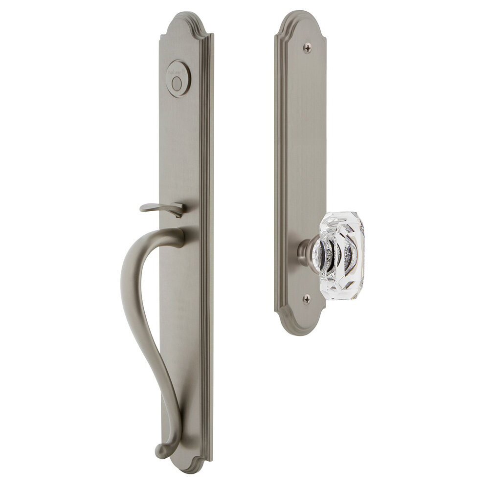Grandeur Arc One-Piece Dummy Handleset with S Grip and Baguette Clear Crystal Knob in Satin Nickel
