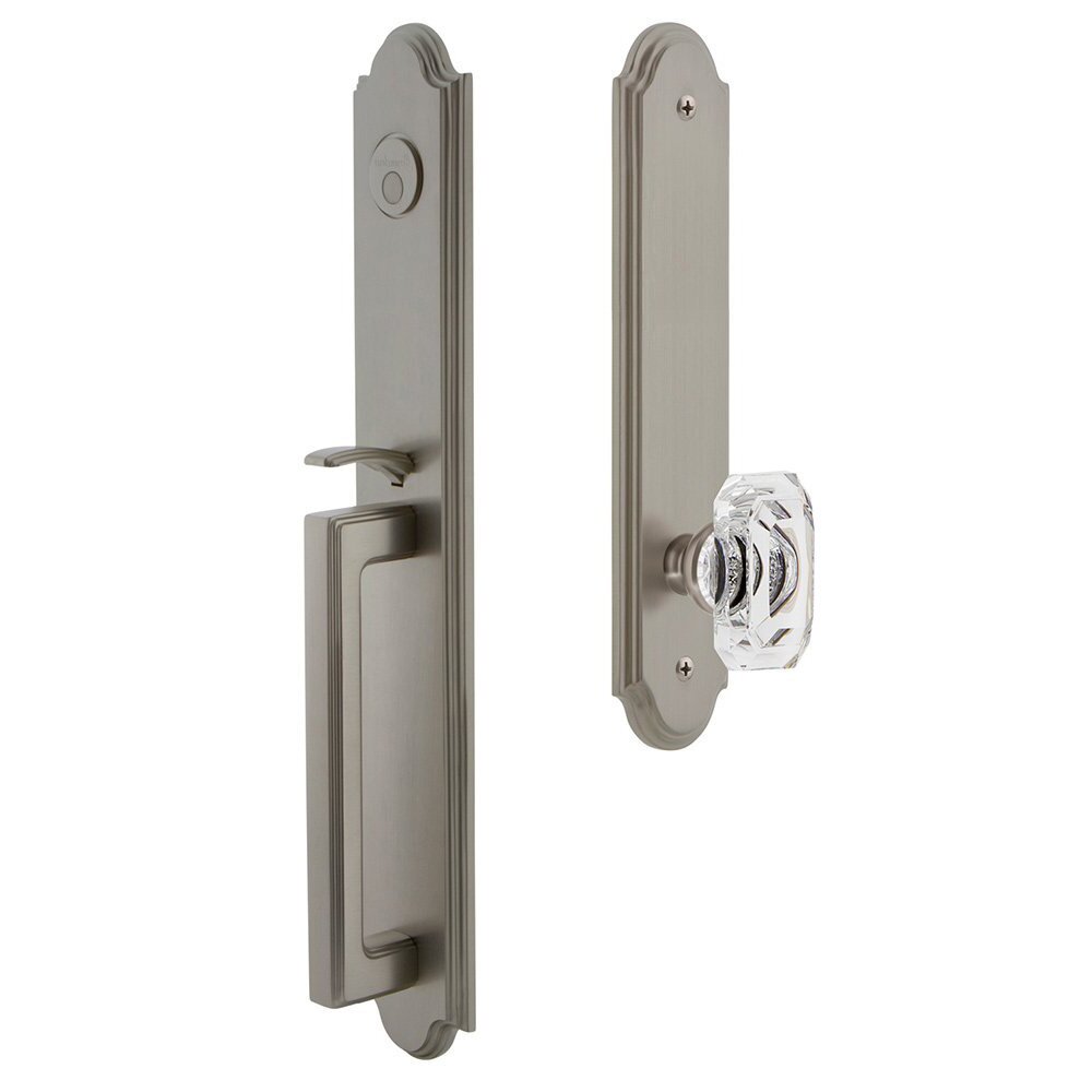 Grandeur Arc One-Piece Dummy Handleset with D Grip and Baguette Clear Crystal Knob in Satin Nickel