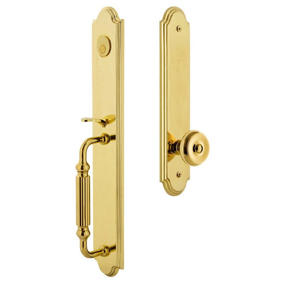 Grandeur Arc One-Piece Dummy Handleset with F Grip and Bouton Knob in Lifetime Brass