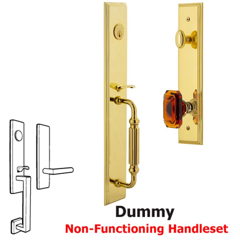 Grandeur One-Piece Dummy Handleset with F Grip and Baguette Amber Knob in Lifetime Brass