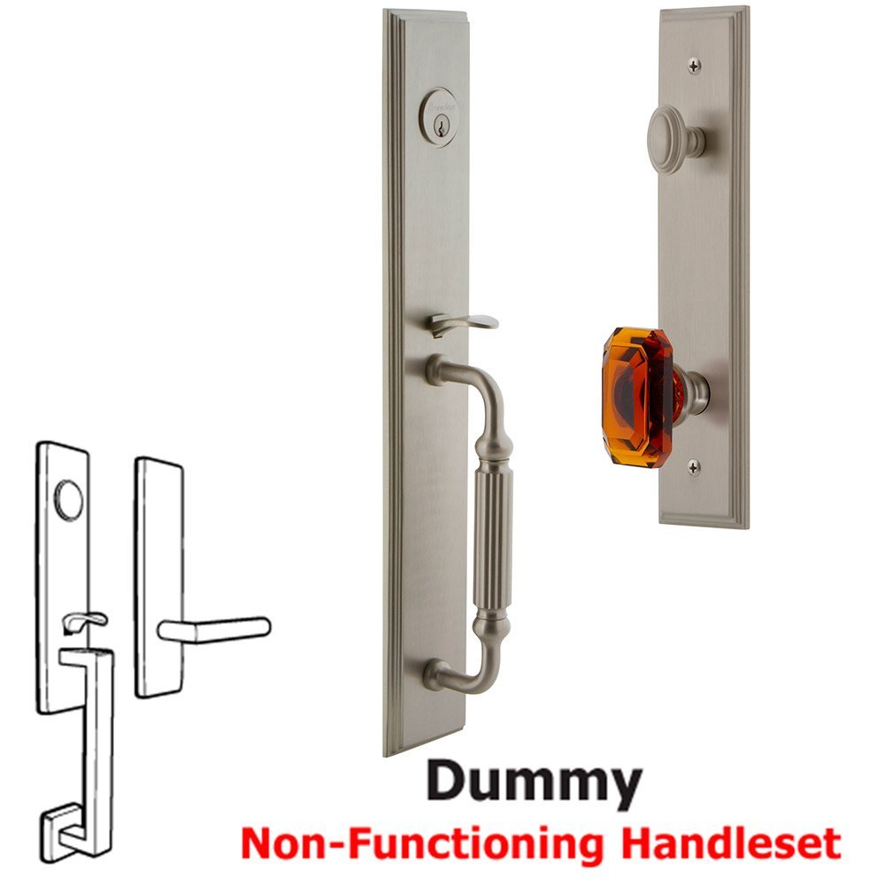 Grandeur One-Piece Dummy Handleset with F Grip and Baguette Amber Knob in Satin Nickel