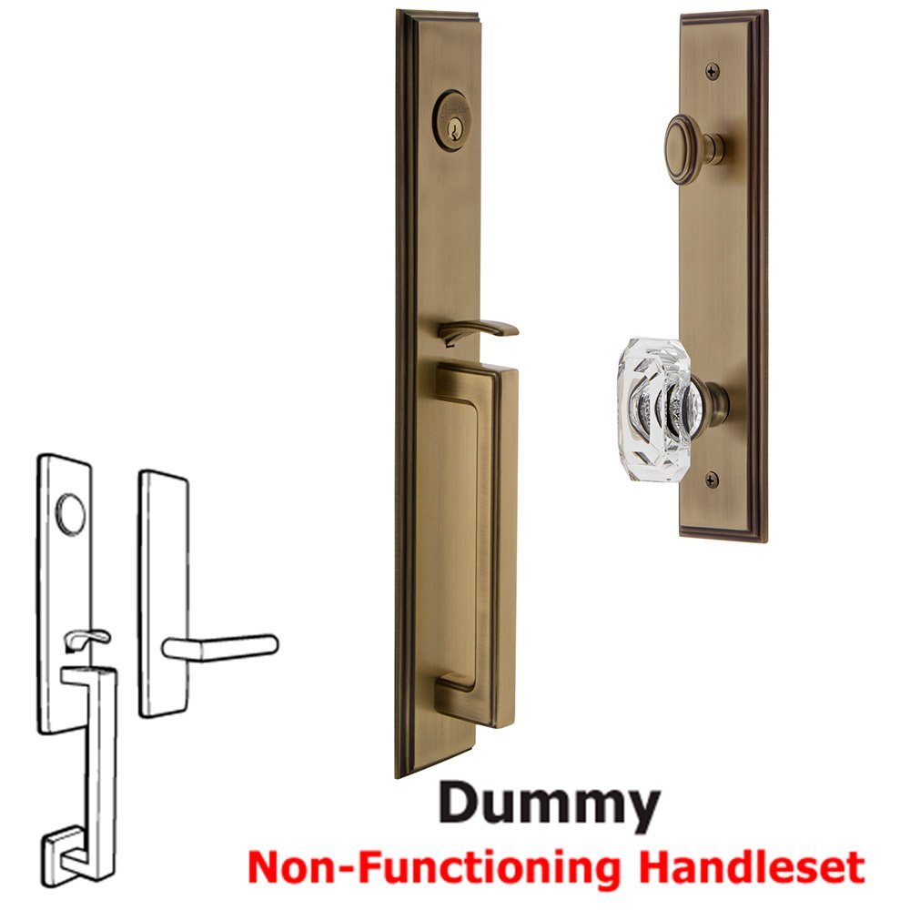 Grandeur One-Piece Dummy Handleset with D Grip and Baguette Clear Crystal Knob in Vintage Brass