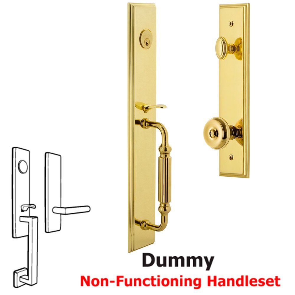 Grandeur One-Piece Dummy Handleset with F Grip and Bouton Knob in Lifetime Brass