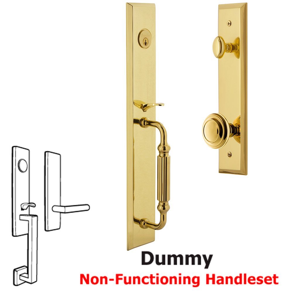 Grandeur One-Piece Dummy Handleset with F Grip and Circulaire Knob in Lifetime Brass