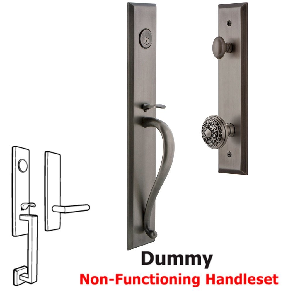 Grandeur One-Piece Dummy Handleset with S Grip and Windsor Knob in Antique Pewter