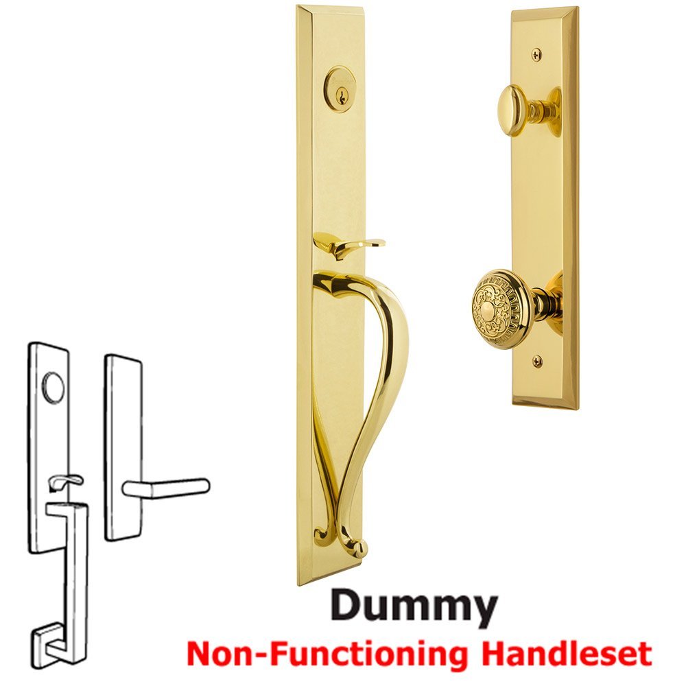 Grandeur One-Piece Dummy Handleset with S Grip and Windsor Knob in Lifetime Brass