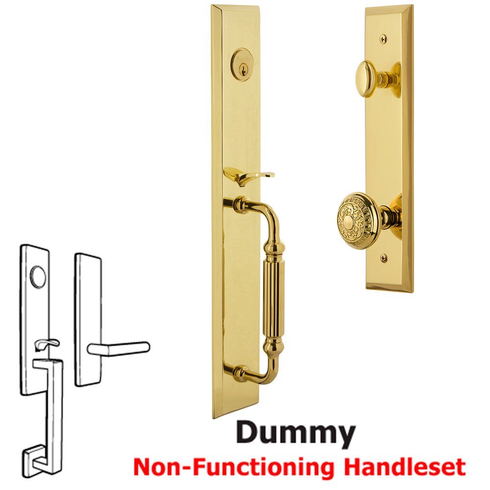 Grandeur One-Piece Dummy Handleset with F Grip and Windsor Knob in Lifetime Brass