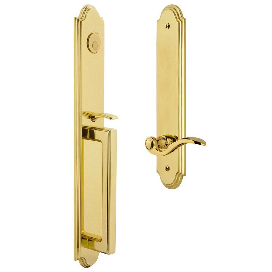 Grandeur Arc One-Piece Dummy Handleset with D Grip and Bellagio Left Handed Lever in Lifetime Brass