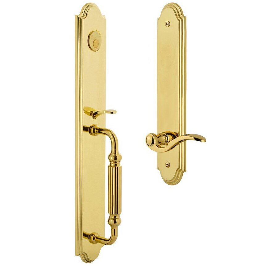 Grandeur Arc One-Piece Dummy Handleset with F Grip and Bellagio Left Handed Lever in Lifetime Brass