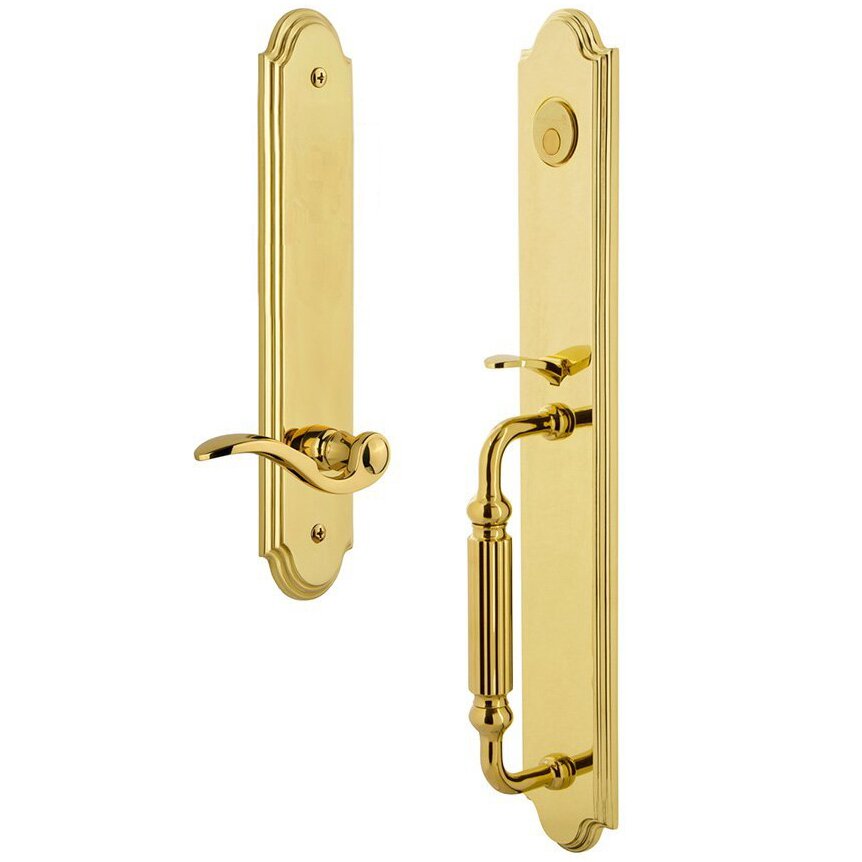 Grandeur Arc One-Piece Dummy Handleset with F Grip and Bellagio Right Handed Lever in Lifetime Brass