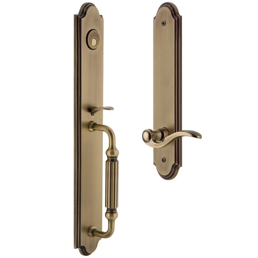 Grandeur Arc One-Piece Dummy Handleset with F Grip and Bellagio Left Handed Lever in Vintage Brass