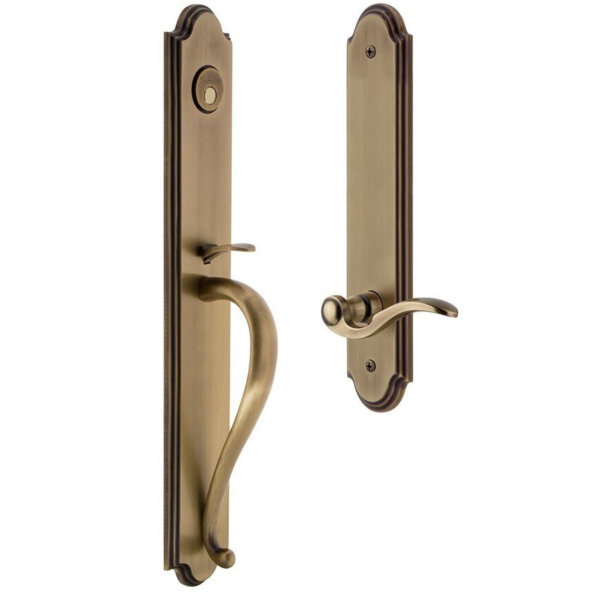 Grandeur Arc One-Piece Dummy Handleset with S Grip and Bellagio Left Handed Lever in Vintage Brass