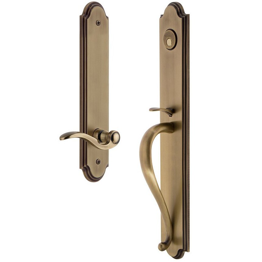 Grandeur Arc One-Piece Dummy Handleset with S Grip and Bellagio Right Handed Lever in Vintage Brass