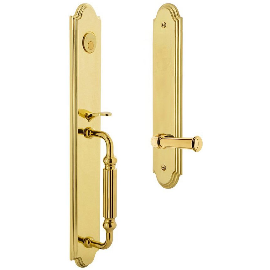 Grandeur Arc One-Piece Dummy Handleset with F Grip and Georgetown Left Handed Lever in Lifetime Brass