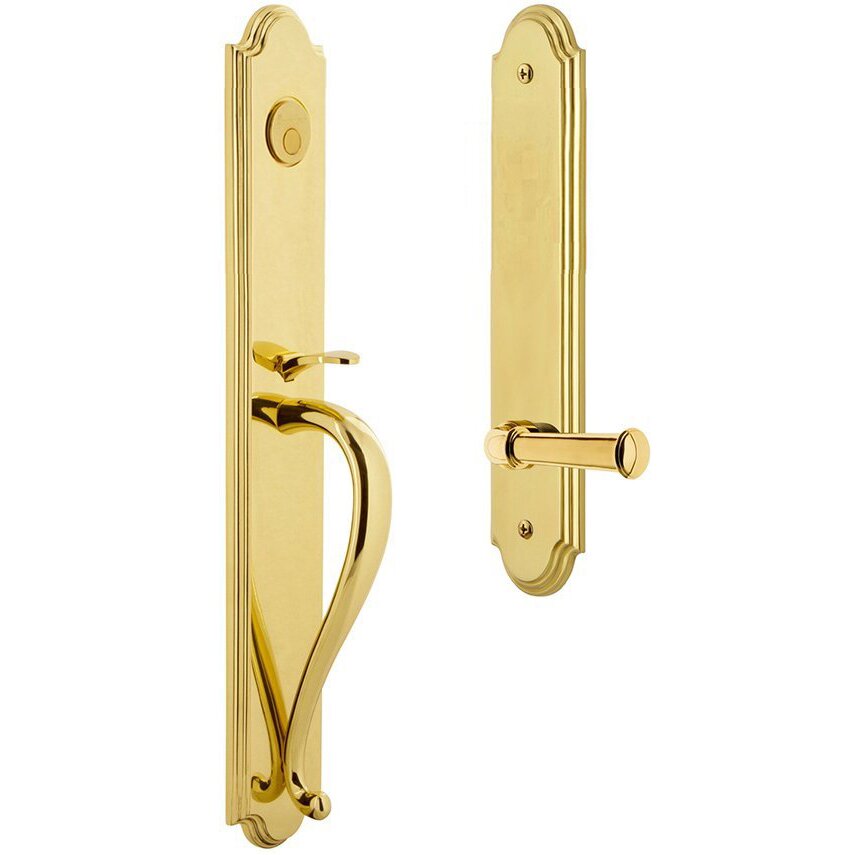 Grandeur Arc One-Piece Dummy Handleset with S Grip and Georgetown Left Handed Lever in Lifetime Brass