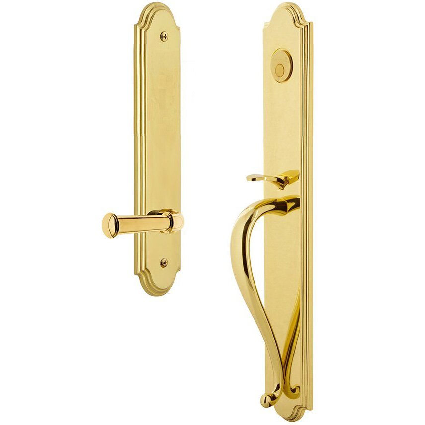 Grandeur Arc One-Piece Dummy Handleset with S Grip and Georgetown Right Handed Lever in Lifetime Brass