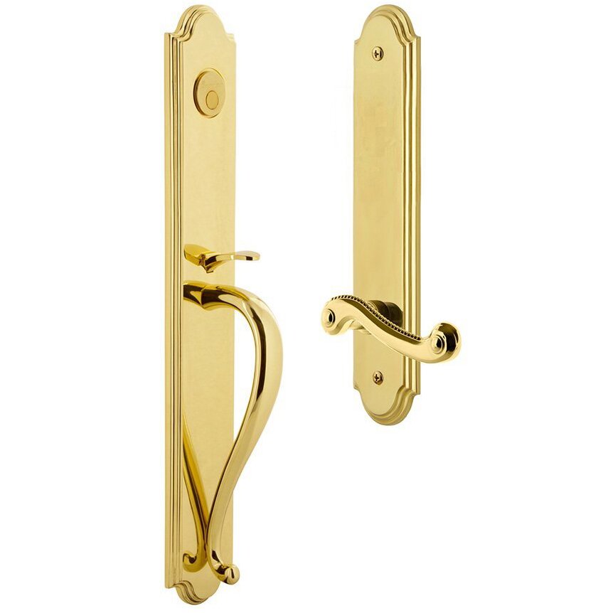 Grandeur Arc One-Piece Dummy Handleset with S Grip and Newport Left Handed Lever in Lifetime Brass