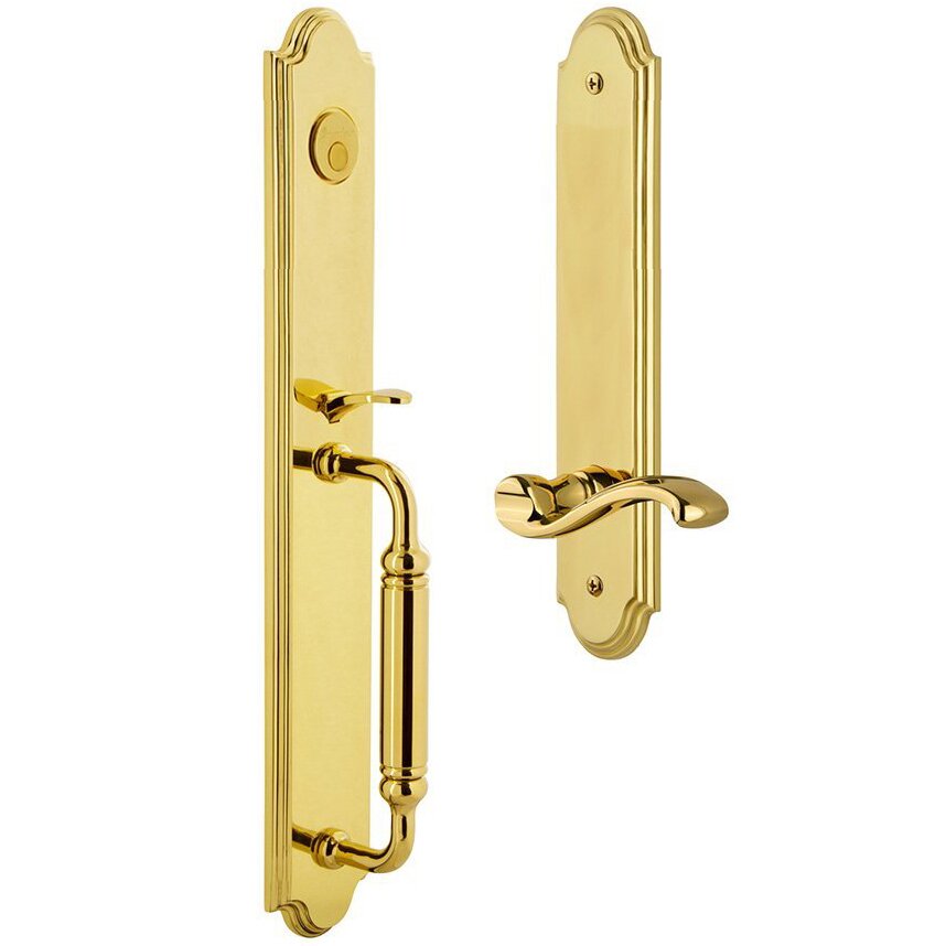 Grandeur Arc One-Piece Dummy Handleset with C Grip and Portofino Left Handed Lever in Lifetime Brass