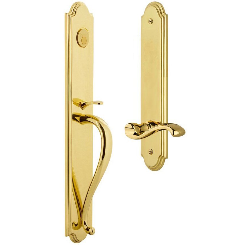 Grandeur Arc One-Piece Dummy Handleset with S Grip and Portofino Left Handed Lever in Lifetime Brass