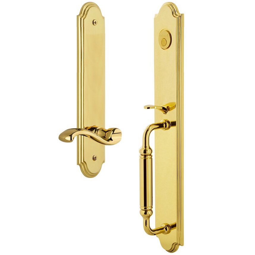 Grandeur Arc One-Piece Dummy Handleset with C Grip and Portofino Right Handed Lever in Lifetime Brass