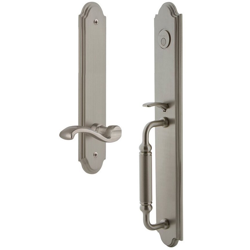 Grandeur Arc One-Piece Dummy Handleset with C Grip and Portofino Right Handed Lever in Satin Nickel